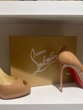 Christian Louboutin Nude Patent Peep-Toe Platform Stiletto with Red Sole